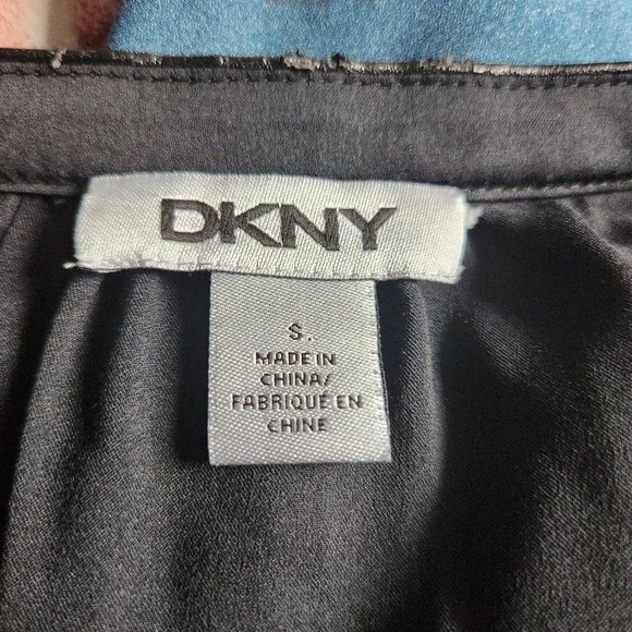 DKNY Black Satin Blouse with Faux Leather Trim Women's Size Small - Picture 3 of 5